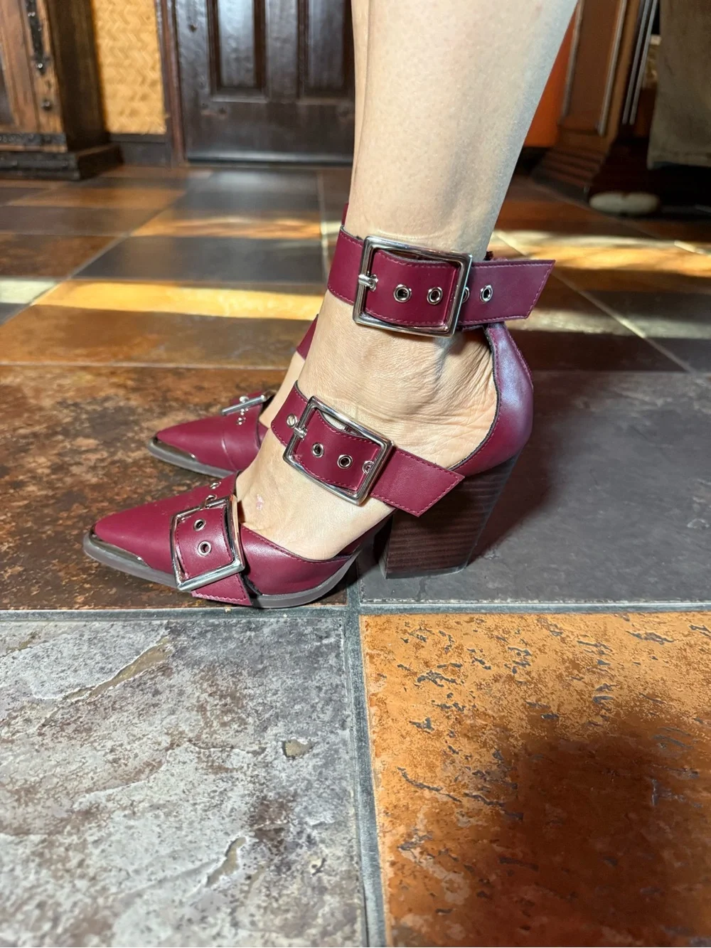 Women's Burgundy Pointed-Toe Buckle Heels